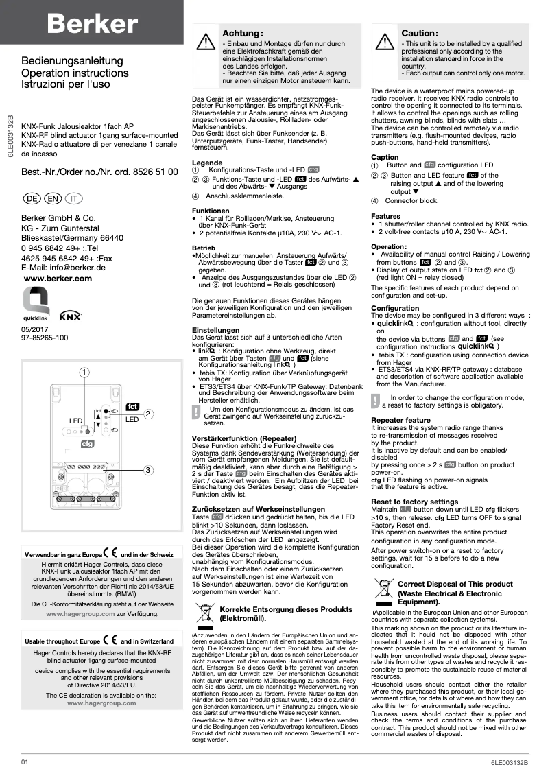 Page 1 de la notice Manuel utilisateur Berker 85265100