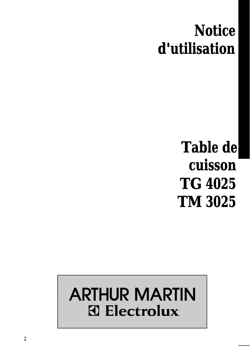 Page 1 de la notice Manuel utilisateur Arthur Martin-Electrolux TG4025