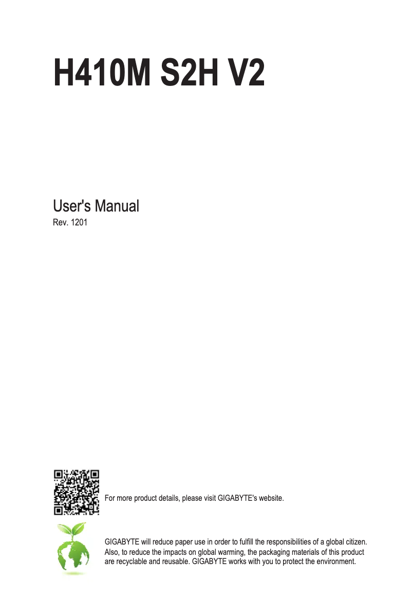 Page 1 de la notice Manuel utilisateur Gigabyte H410M S2H V2