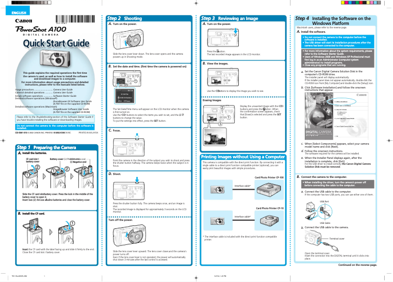 Page 1 de la notice Manuel utilisateur Canon PowerShot A100