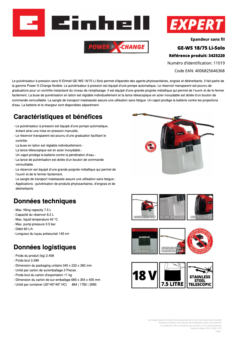 Page 1 de la notice Fiche technique Einhell GE-WS 18/75 Li-Solo