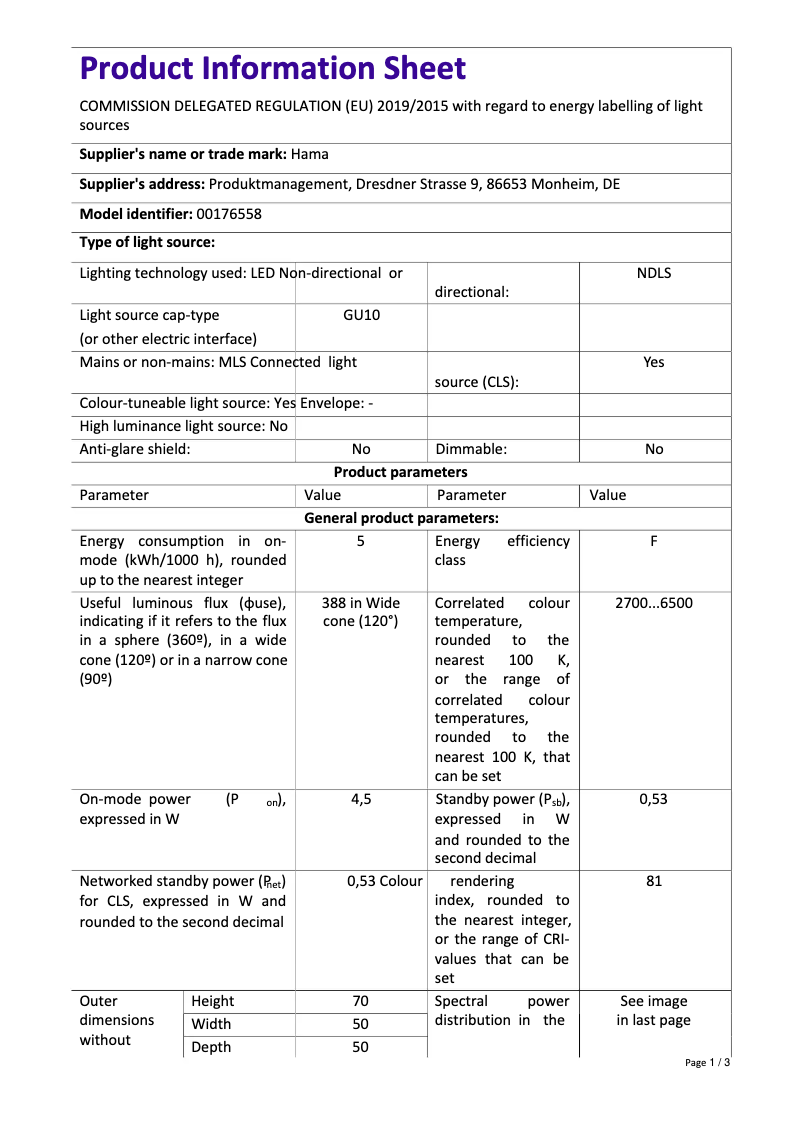 Page 1 de la notice Fiche technique Hama 00176558