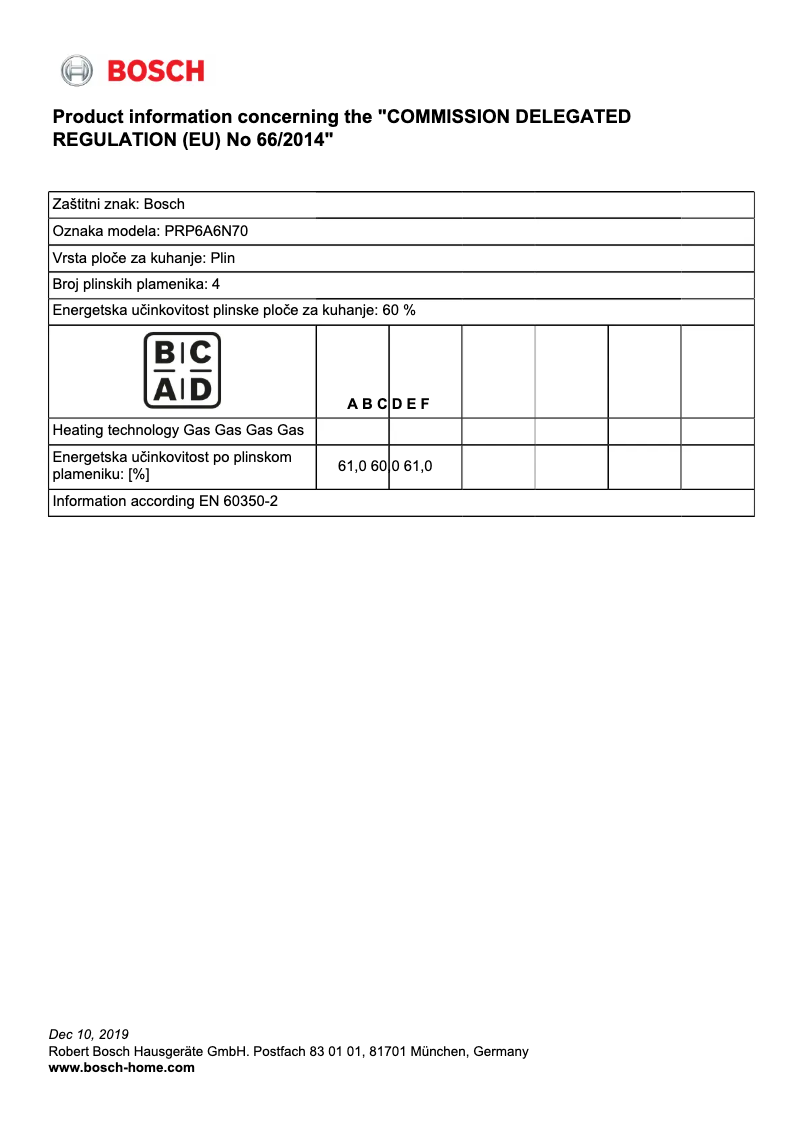 Page 1 de la notice Fiche technique Bosch PRP6A6N70