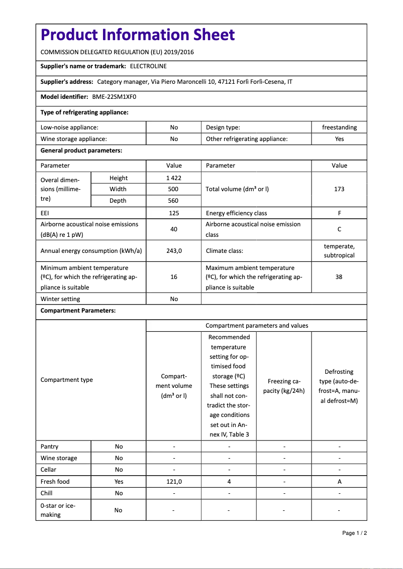Page 1 de la notice Manuel utilisateur Electroline BME-22SM1XF0