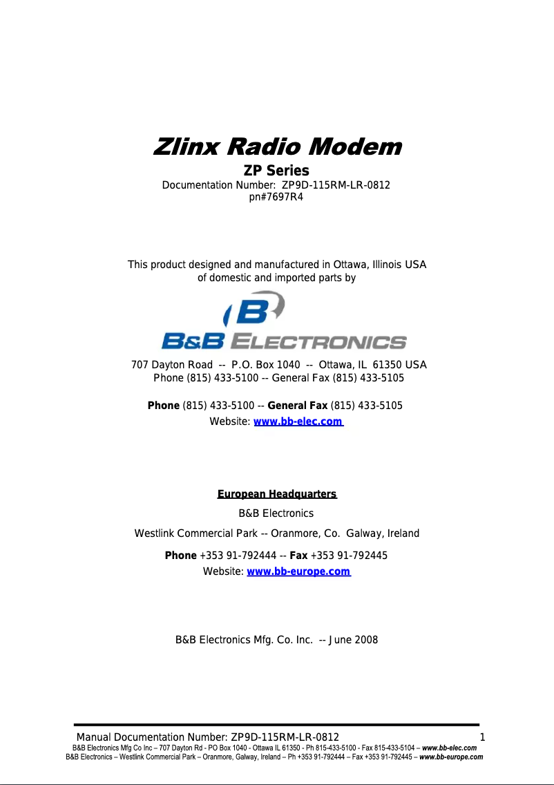 Page 1 de la notice Manuel utilisateur B&B Electronics ZP9D-115RM-LR