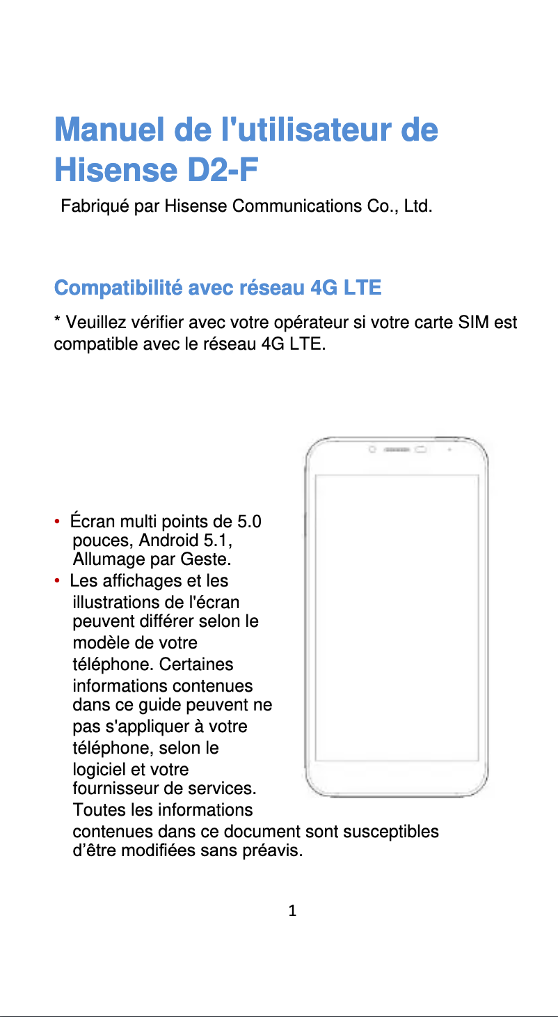 Page 1 de la notice Manuel utilisateur Hisense HS-D2