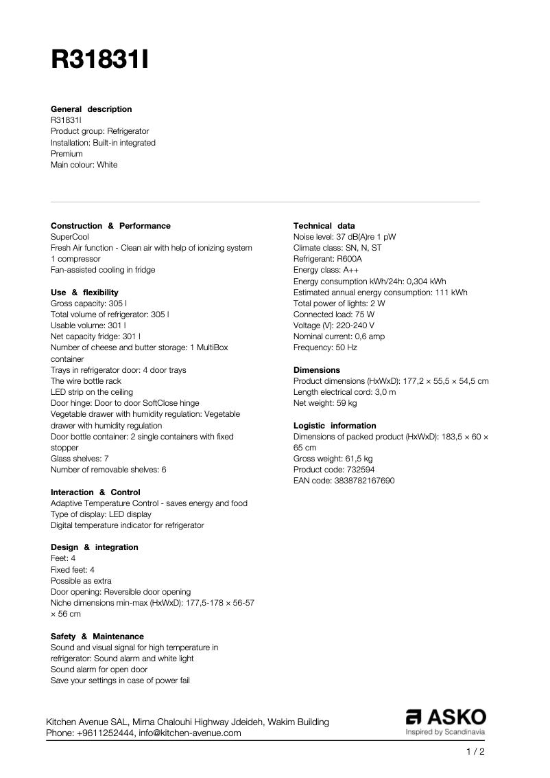 Página 1 del manual Ficha técnica Asko R31831I
