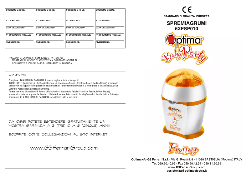 Page 1 de la notice Manuel utilisateur Optima Fruttoso