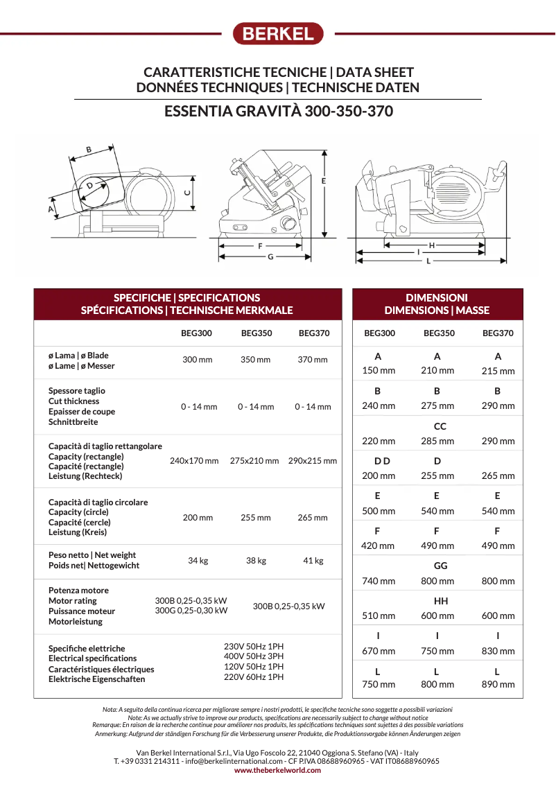 Page n°1 - Fiche technique Berkel Essentia Gravitá BEG370
