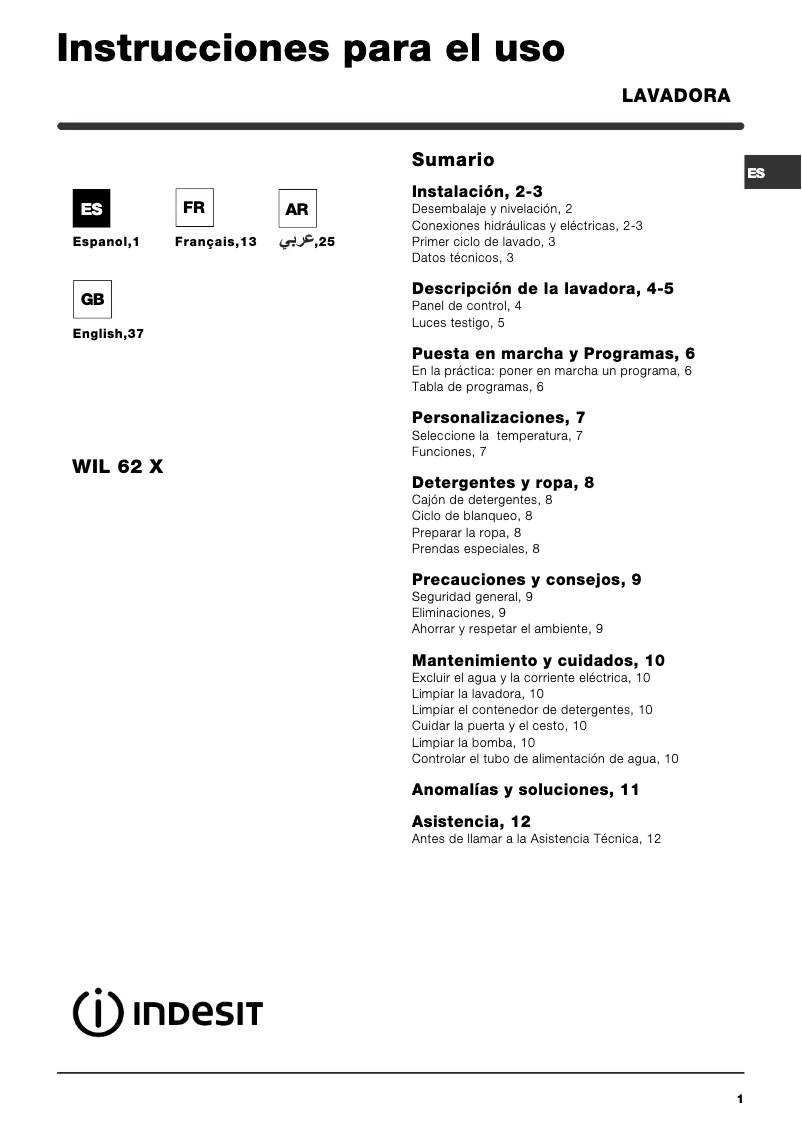 Page 1 de la notice Manuel utilisateur Indesit WIL 62 X (EX)