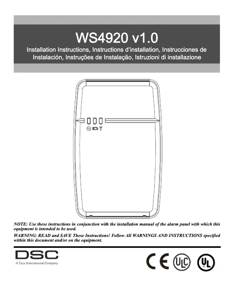 Page 1 de la notice Manuel utilisateur DSC WS4920