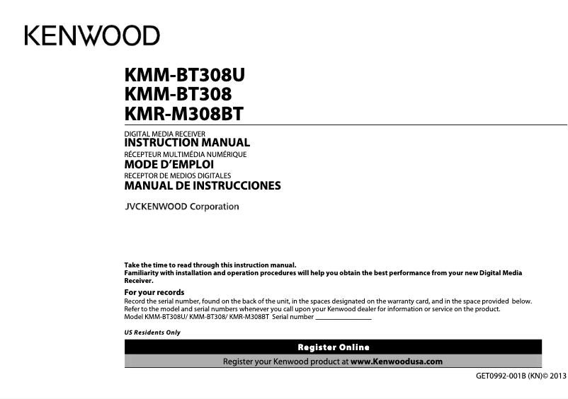 Page 1 de la notice Manuel utilisateur Kenwood KMR-M308BT
