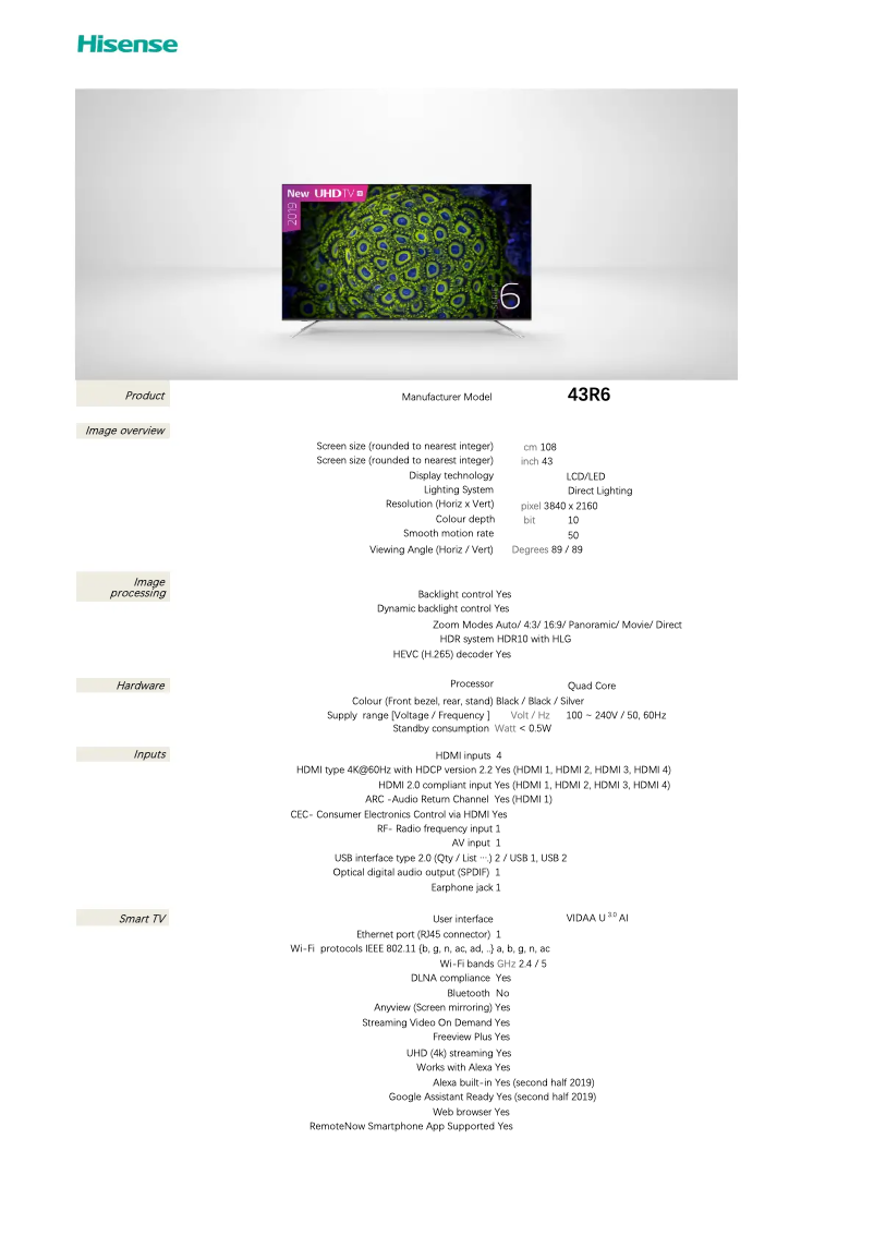 Page 1 de la notice Fiche technique Hisense 43R6