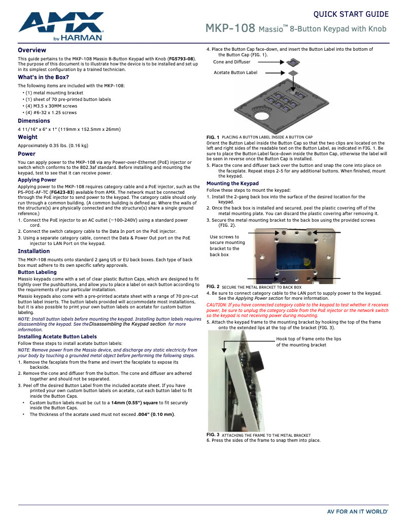 Page n°1 - Guide de démarrage rapide AMX MKP-108