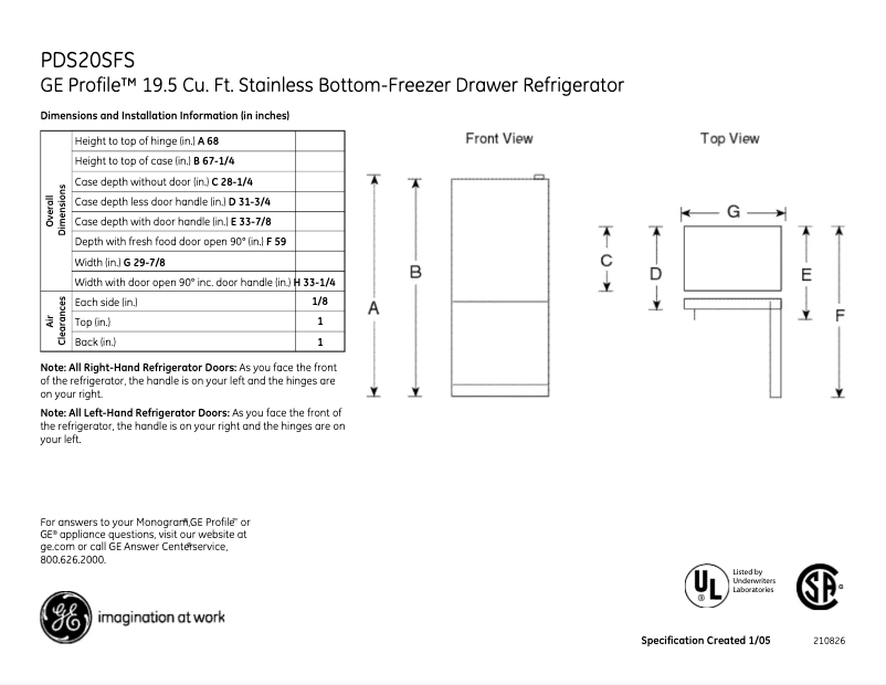 Page n°1 - Fiche technique GE Profile PDS20SFSRSS