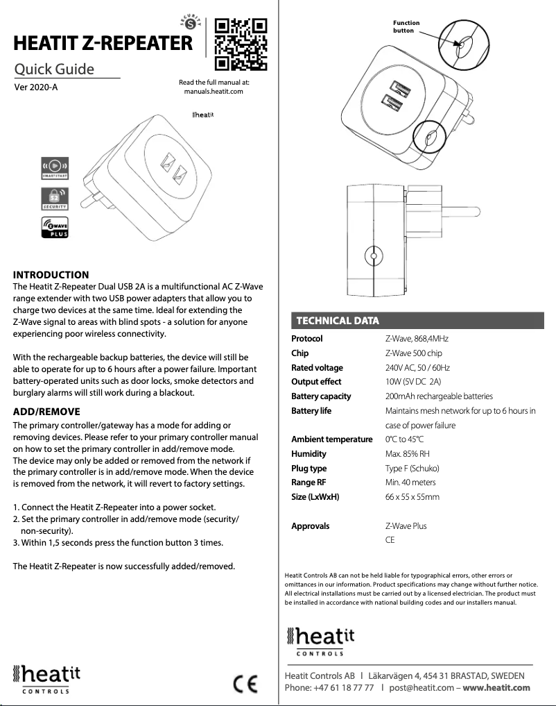 Page n°1 - Manuel utilisateur Heatit Z-Repeater