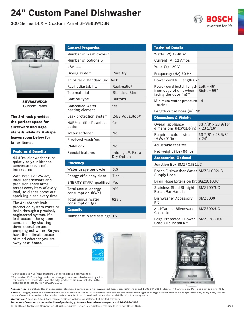 Page 1 de la notice Fiche technique Bosch SHV863WD3N