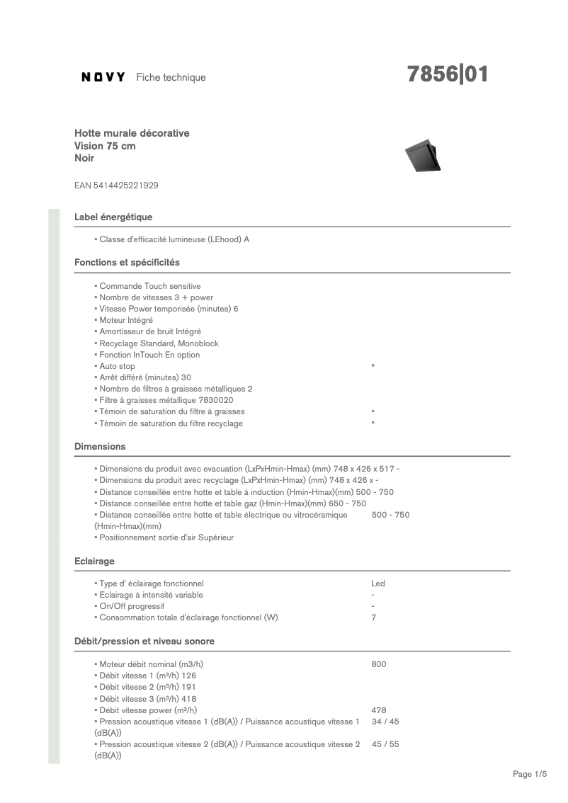 Page 1 de la notice Fiche technique Novy Vision 7856