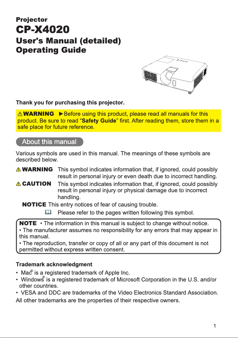 Page 1 de la notice Manuel utilisateur Hitachi CP-X4020