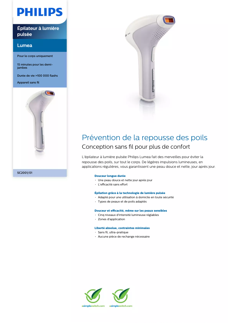 Page n°1 - Fiche technique Philips Lumea SC2001