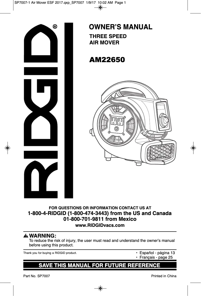Page 1 de la notice Manuel utilisateur Ridgid AM22650