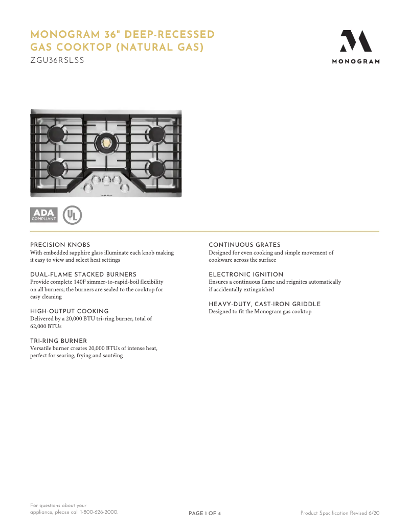 Page 1 de la notice Fiche technique Monogram ZGU36RSLSS