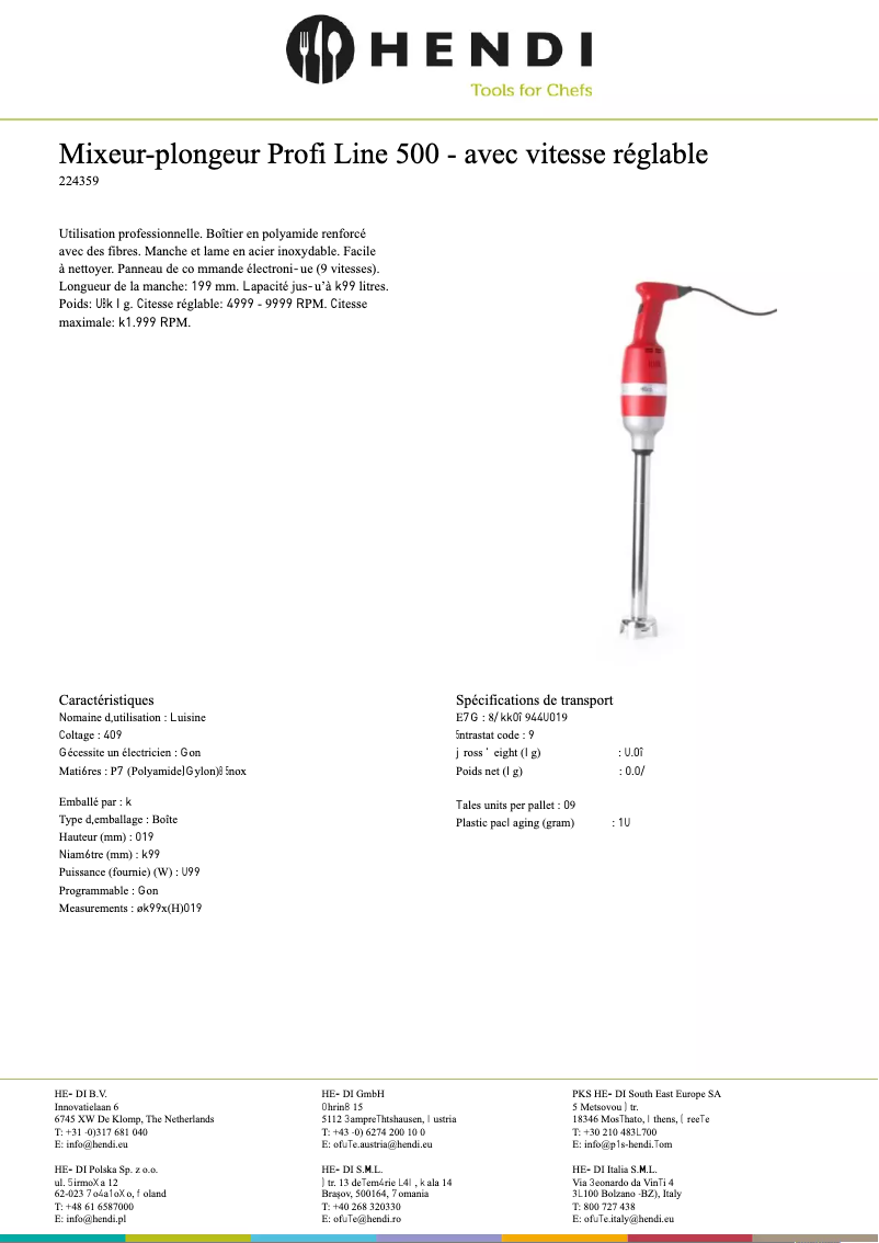 Page n°1 - Fiche technique Hendi 224359