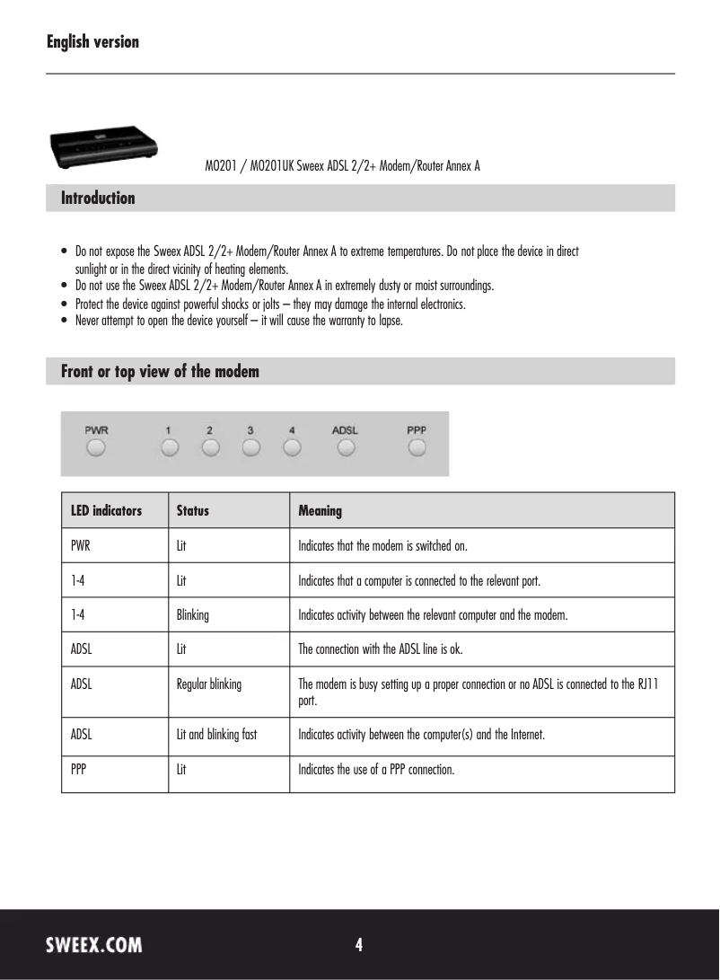 Page 1 de la notice Manuel utilisateur Sweex MO201UK