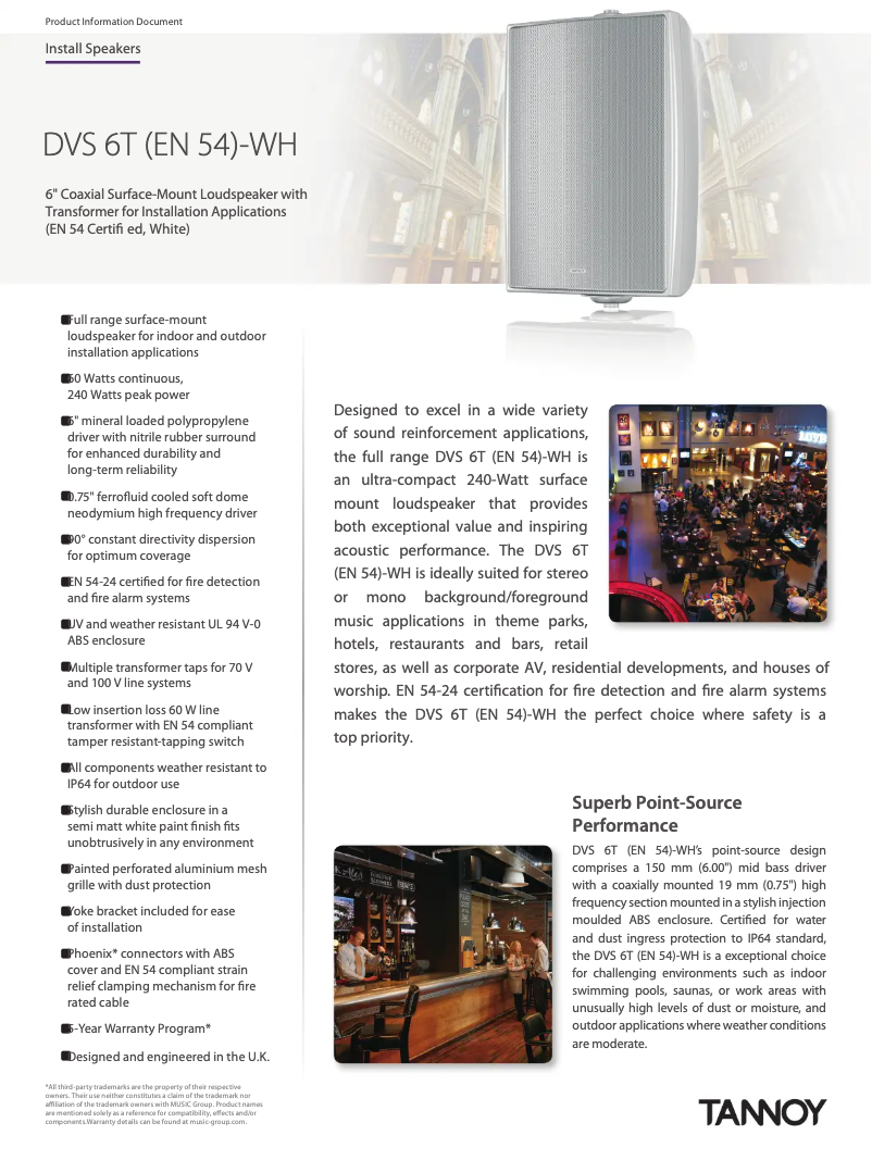 Page 1 de la notice Fiche technique Tannoy DVS 6T
