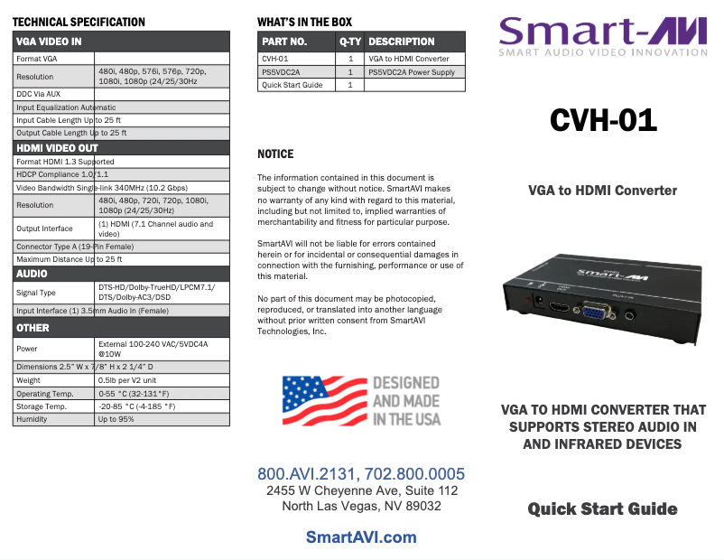 Page 1 de la notice Manuel utilisateur Smart-AVI CVH-01 V2