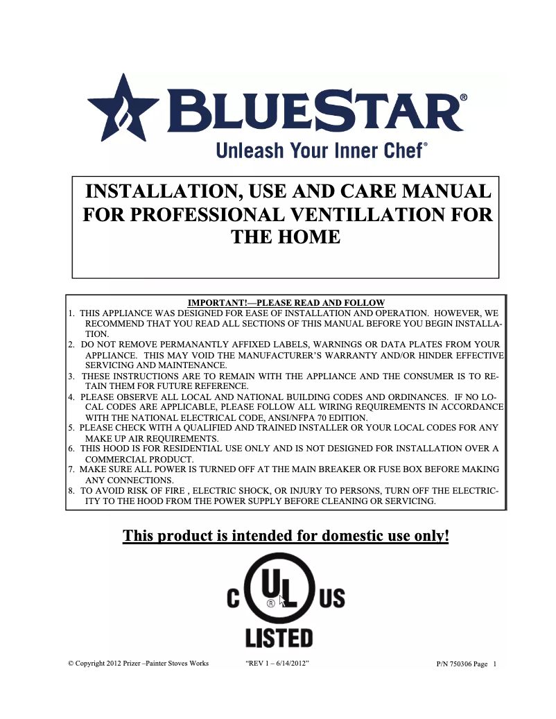 Page 1 de la notice Manuel utilisateur BlueStar LP036LP