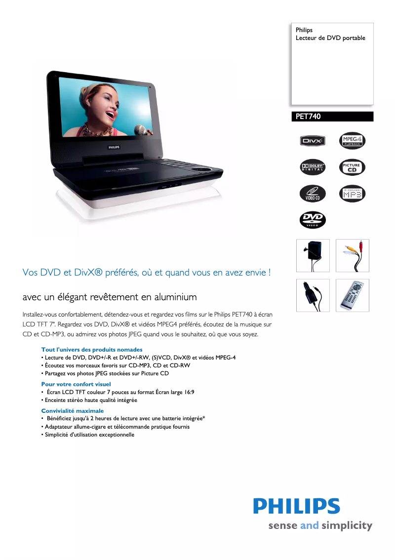 Page 1 de la notice Fiche technique Philips PET740
