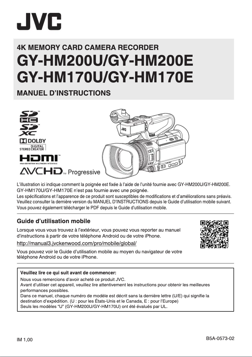 Page 1 de la notice Manuel utilisateur JVC GY-HM170E