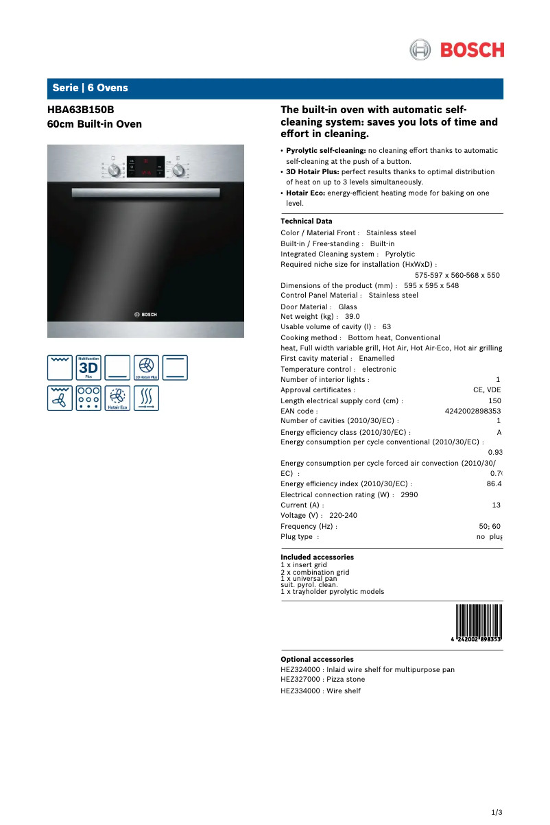 Page 1 of the manual Technical Sheet Bosch HBA63B150B