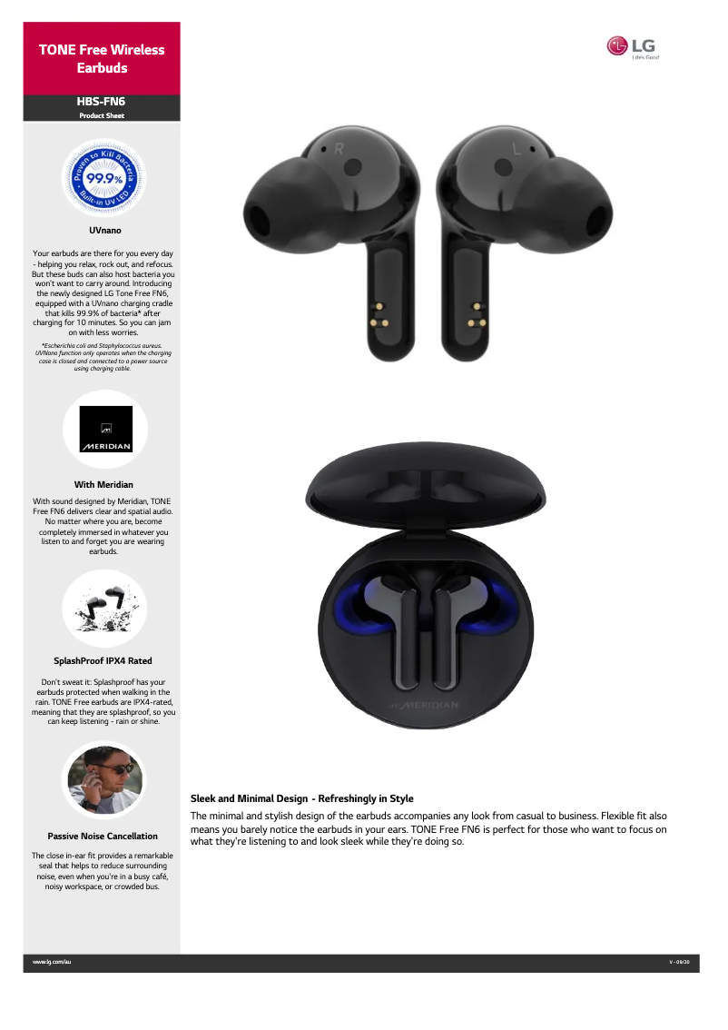 Page 1 de la notice Fiche technique LG Tone Free HBS-FN6