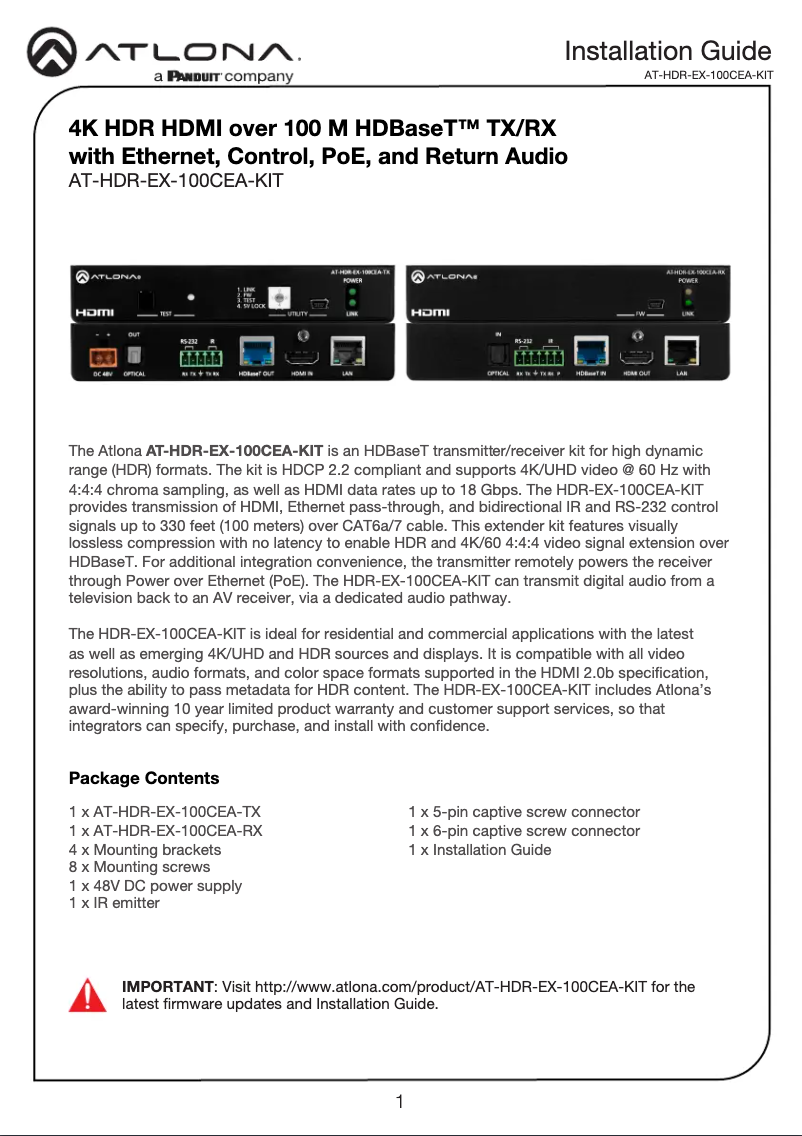 Page 1 de la notice Manuel utilisateur Atlona AT-HDR-EX-100CEA-KIT