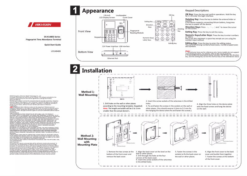 Page 1 de la notice Guide de démarrage rapide Hikvision DS-K1A802EF