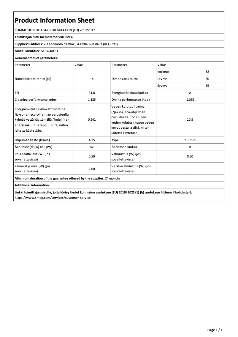 Page n°1 - Fiche technique Smeg STL324AQLL