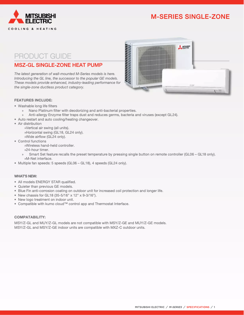 Page 1 de la notice Fiche technique Mitsubishi MSY-GL15NA-U1