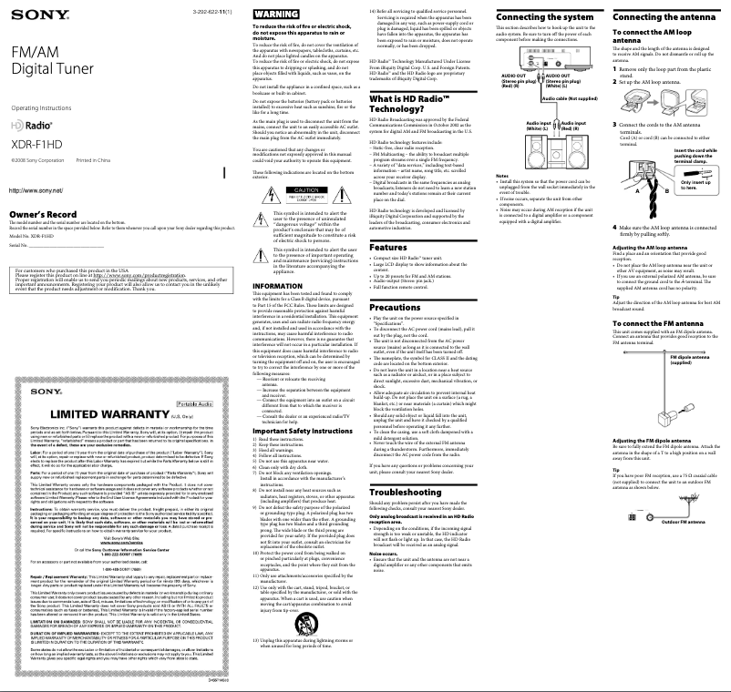 Page 1 de la notice Manuel utilisateur Sony XDR-F1HD