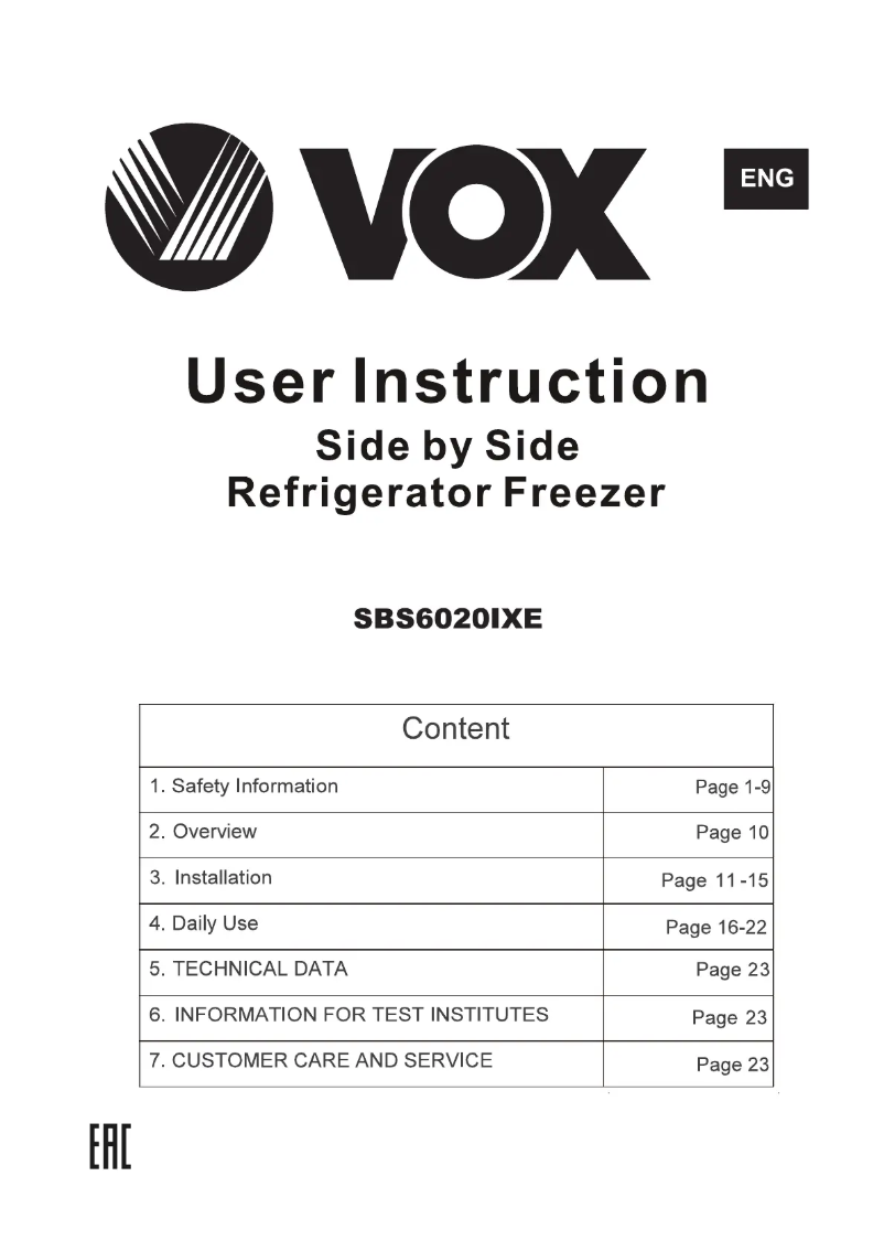 Page 1 de la notice Manuel utilisateur VOX SBS6020IXE
