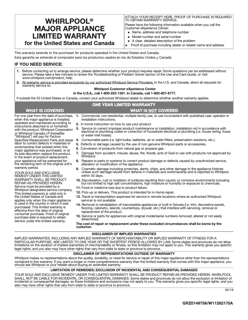 Page n°1 - Informations de garantie KitchenAid UXT5530AAS