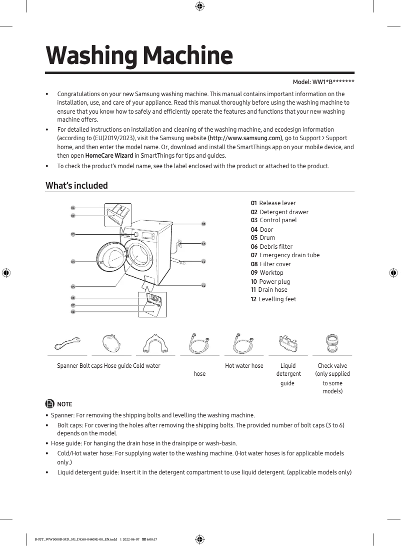 Page 1 de la notice Guide de démarrage rapide Samsung WW11BBA047TW