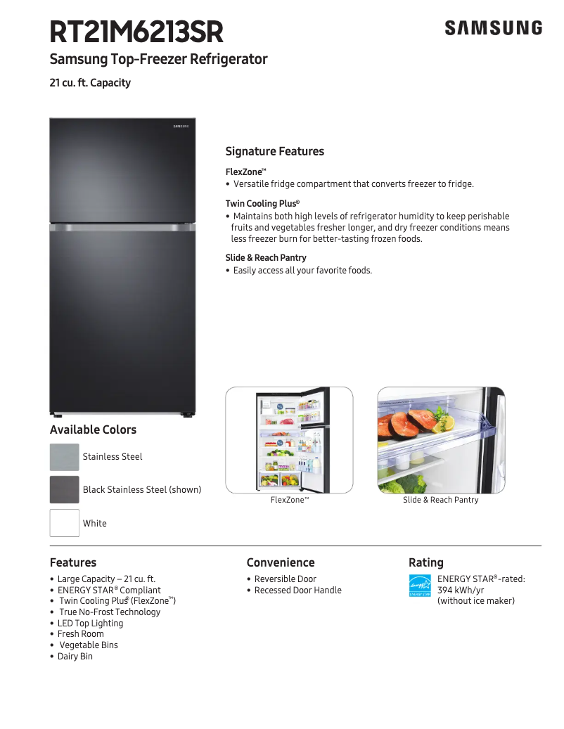 Page n°1 - Fiche technique Samsung RT21M6213WW/AA