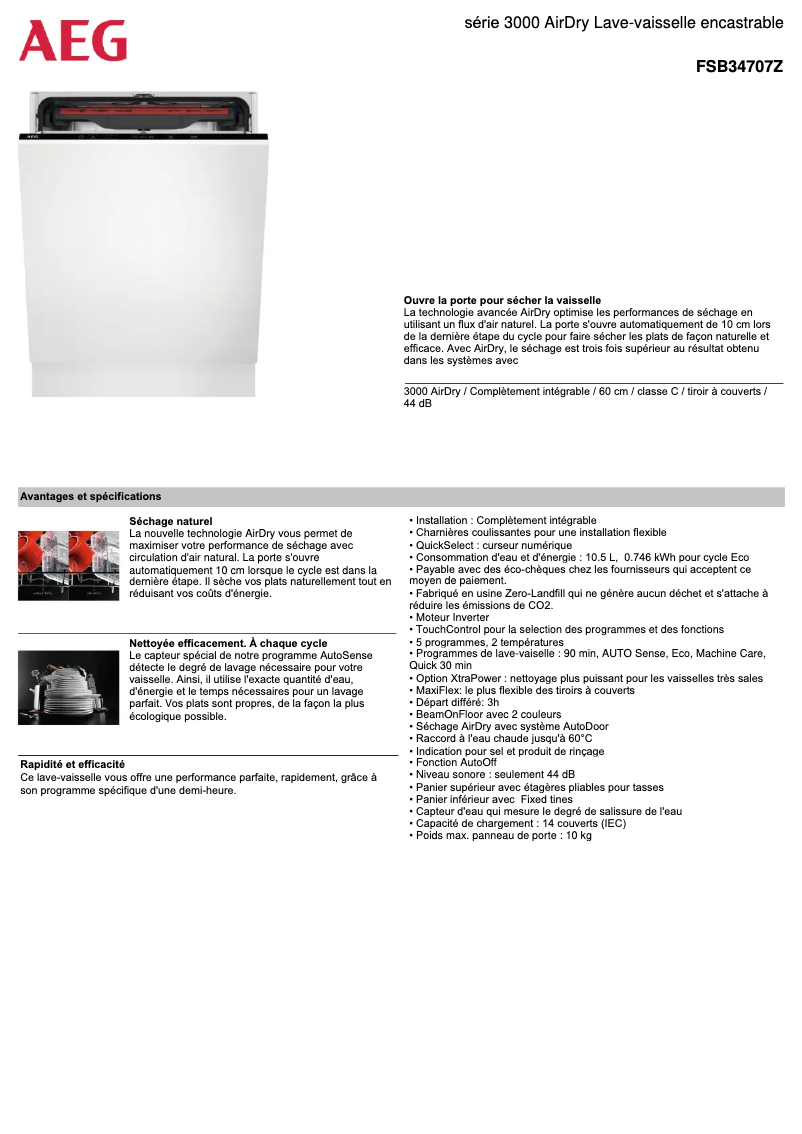 Page 1 de la notice Fiche technique AEG FSB34707Z