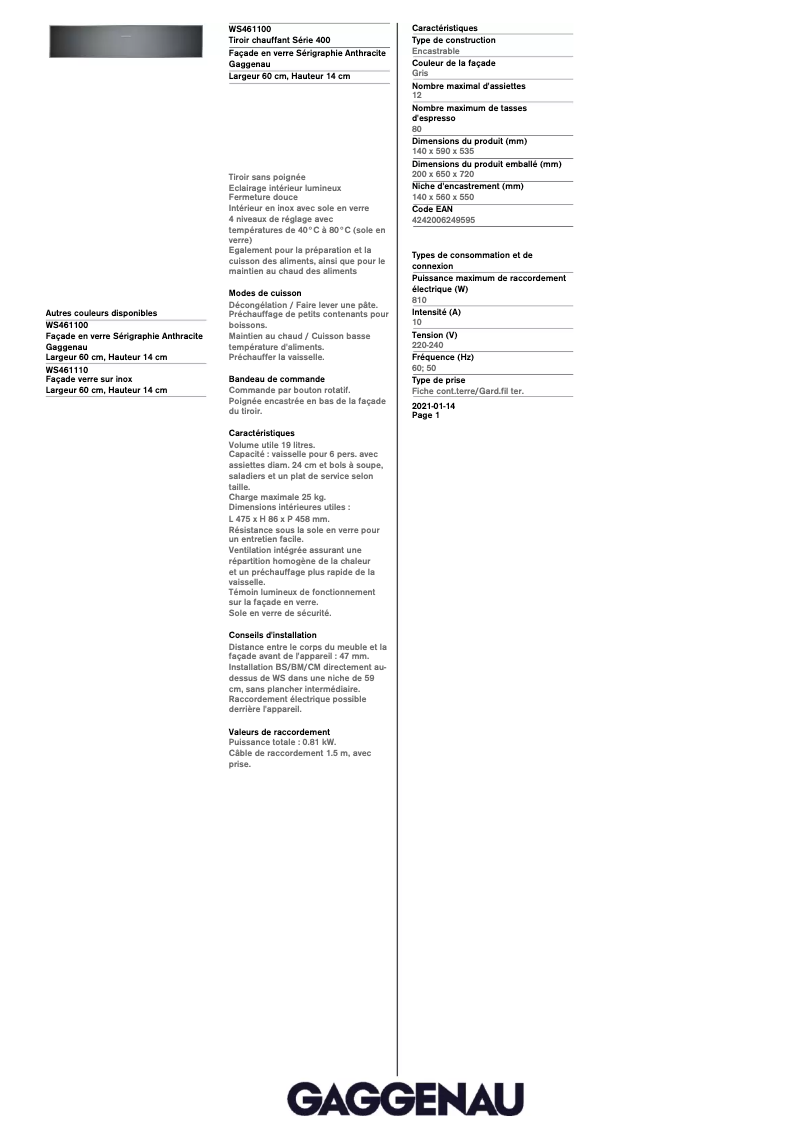 Page 1 de la notice Fiche technique Gaggenau WS461100