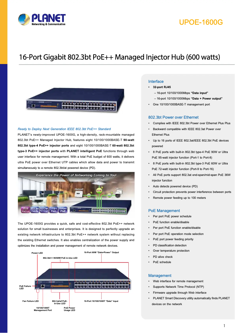 Page 1 de la notice Fiche technique Planet UPOE-1600G