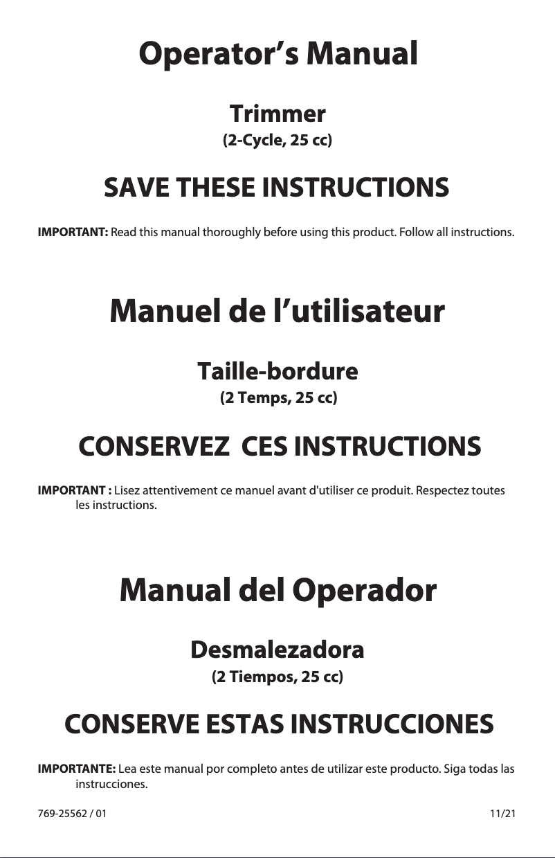 Page 1 de la notice Manuel utilisateur Troy-Bilt TB25S