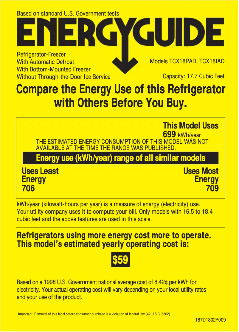 Page 1 de la notice Label énergétique GE TCX18IADWW