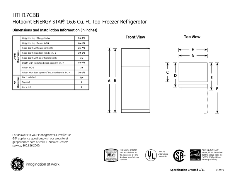 Page 1 de la notice Fiche technique Hotpoint HTH17CBBBB